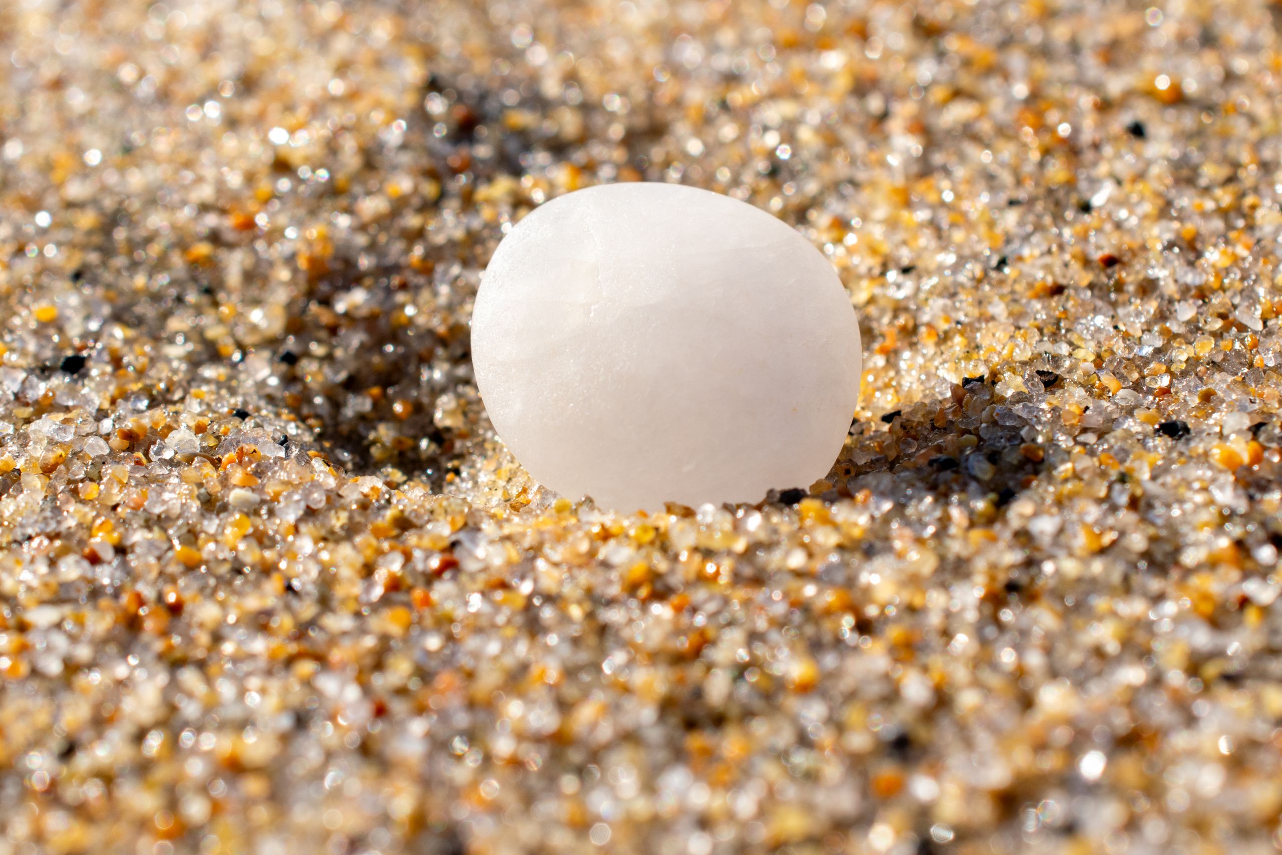 Close-up of a smooth white pebble on a sandy beach, highlighting texture and natural beauty.